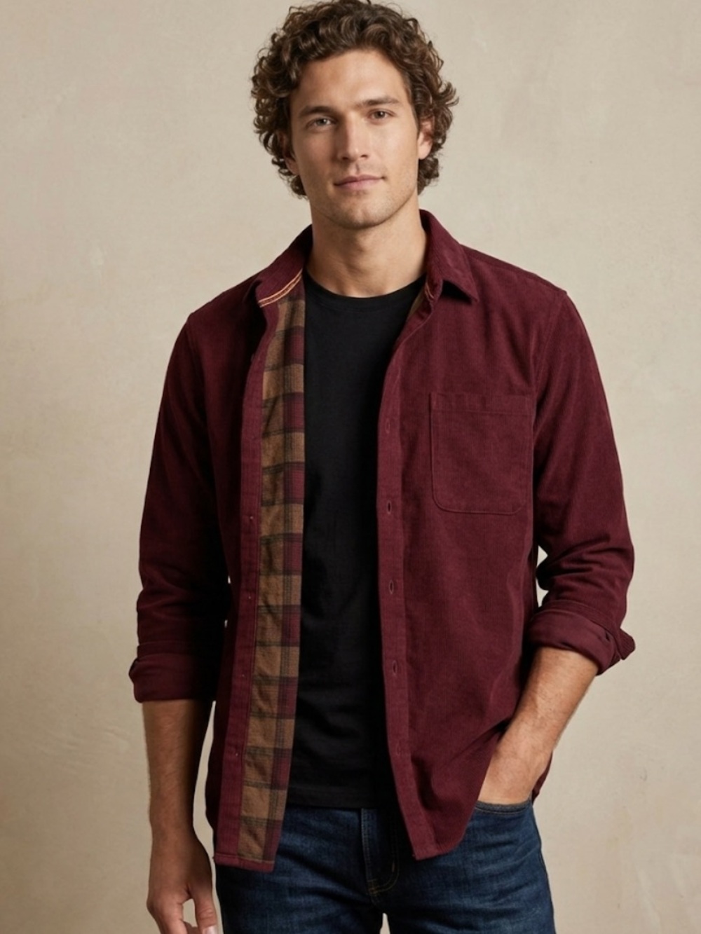 NEW Men’s OUTLANDER Burgundy Corduroy Plaid  Lined Shirt Jacket SHACKET SZ M